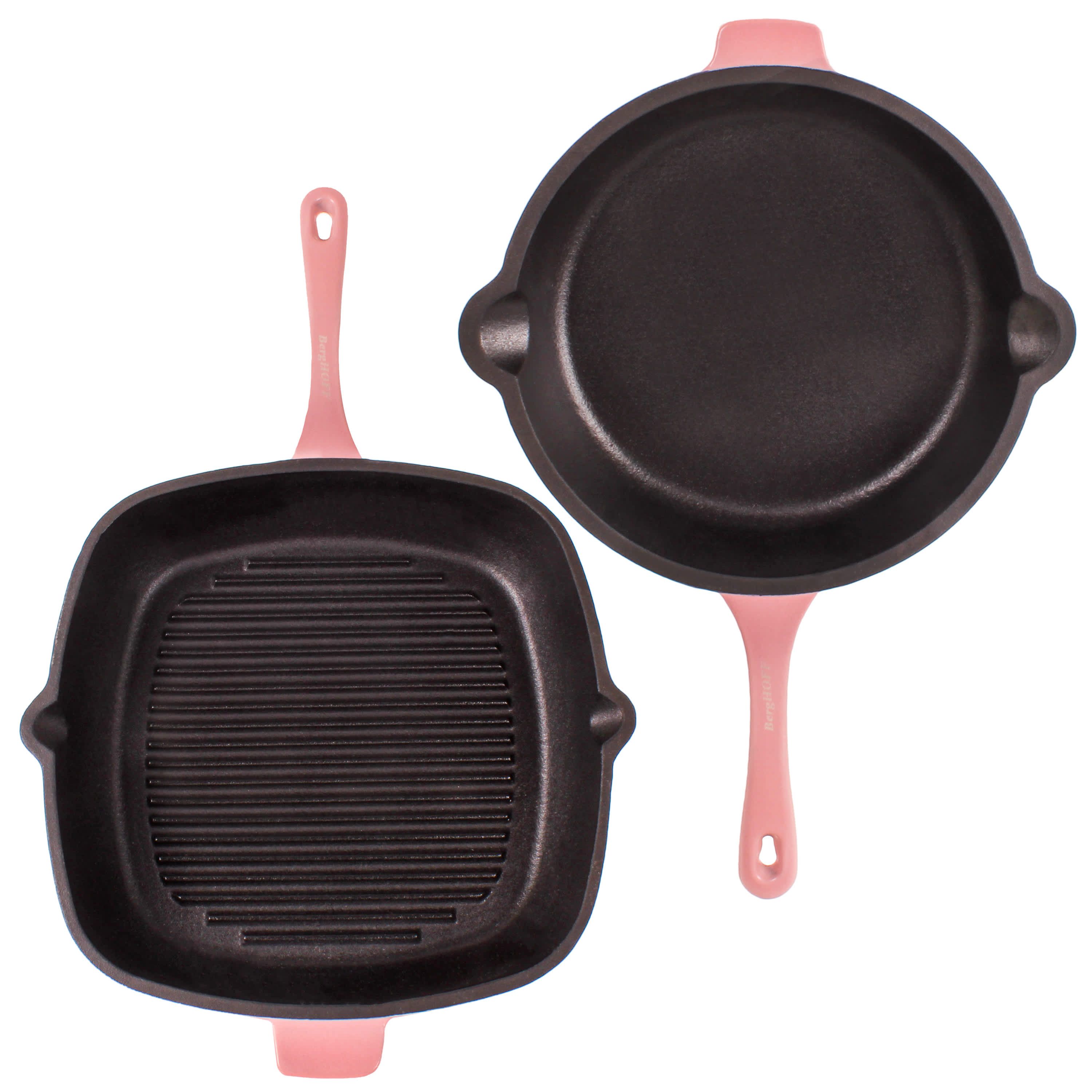 BergHOFF Neo 4Pc Enameled Cast Iron Cookware Set, Grill Pan 11 inches, Fry Pan 10 inches, 3qt. Dutch Oven, Matching Lid, Fast, Evenly Heat, Oven Safe (Oyster)
