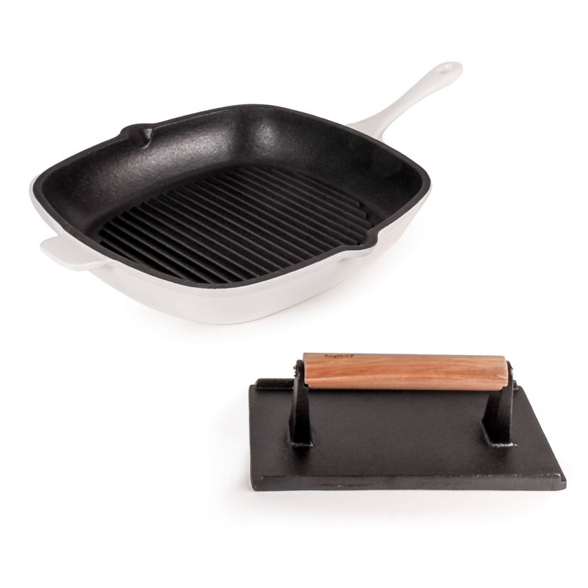 BergHOFF Neo Cast Iron 2pc Grill Pan, Square Steak Press, Oyster