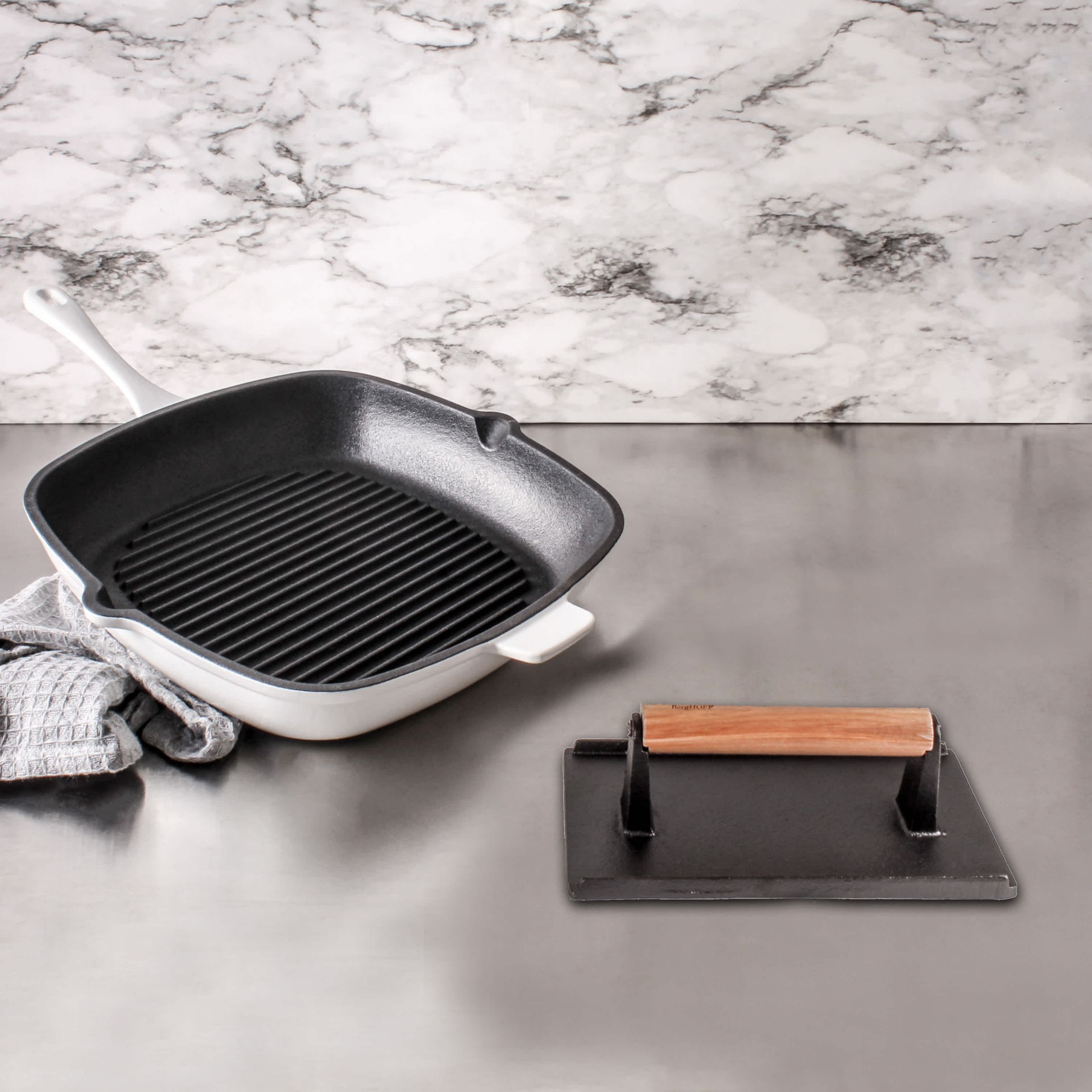 BergHOFF Neo Cast Iron 2pc Grill Pan, Square Steak Press, Oyster