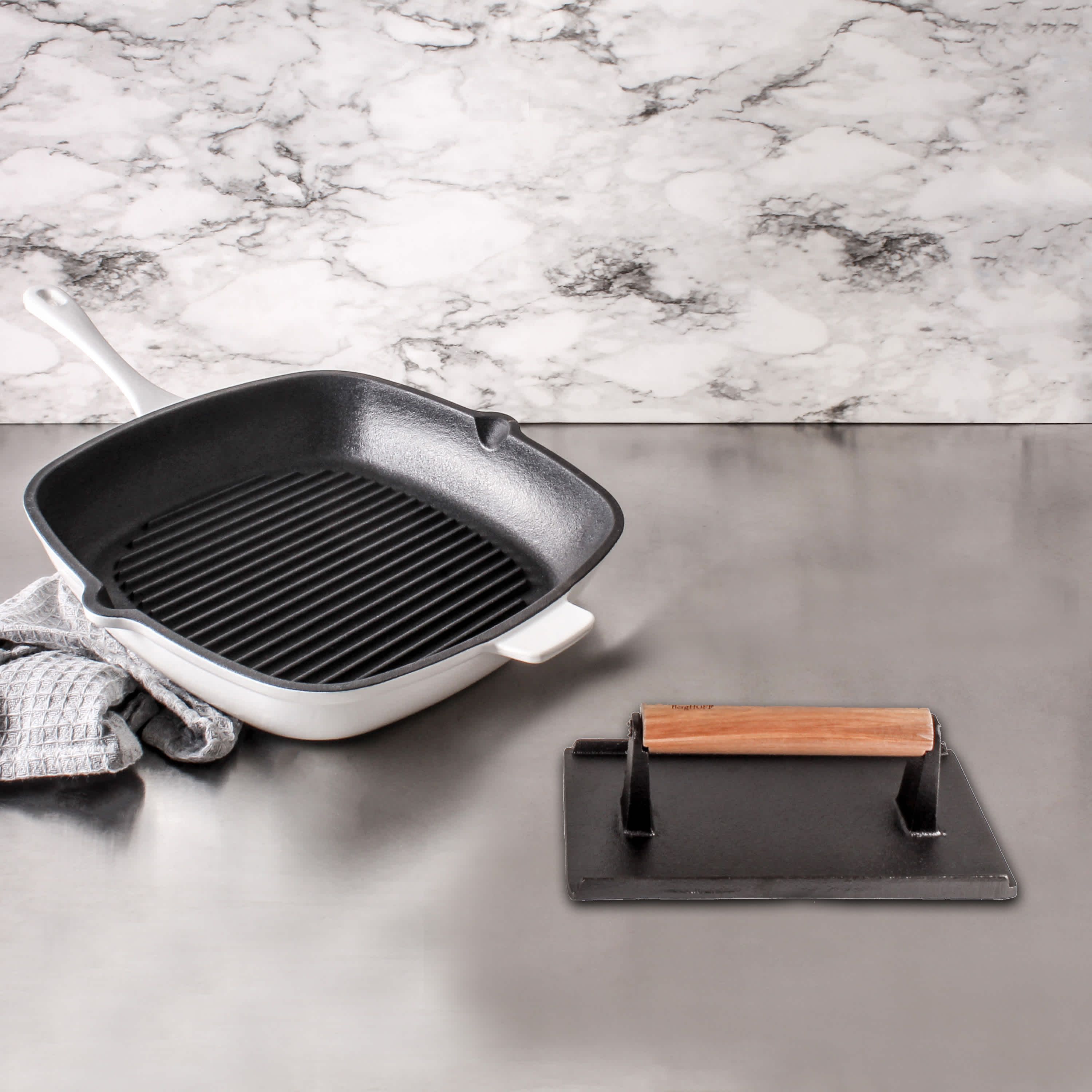 BergHOFF Neo Cast Iron 2pc Grill Pan, Square Steak Press, Oyster