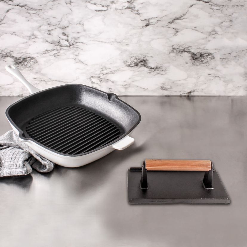 BergHOFF Neo Cast Iron 2pc Grill Pan, Square Steak Press, Oyster