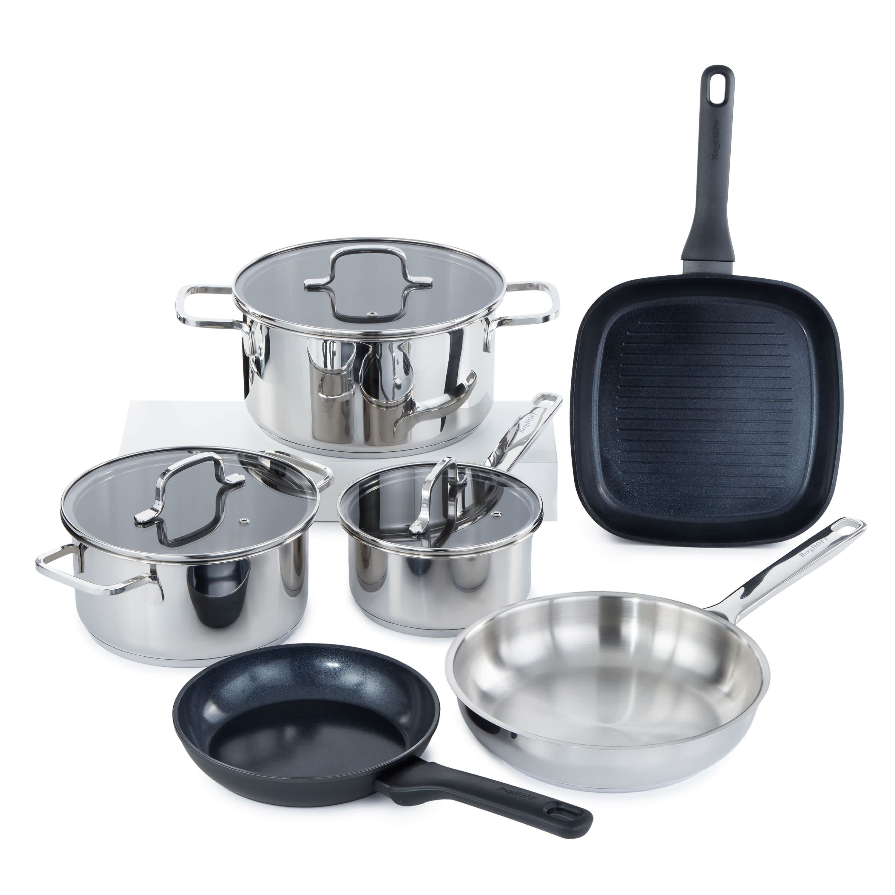 BergHOFF Helix 9Pc Cookware Set with Glass Lids, Nonstick Pans, Recycled Material