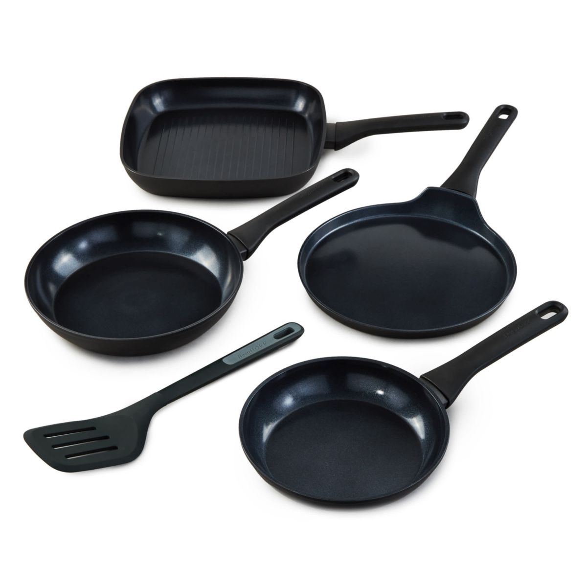 BergHOFF Helix 5Pc Nonstick Ceramic Specialty Cookware Set with Slotted Turner, Recycled Aluminum, Black