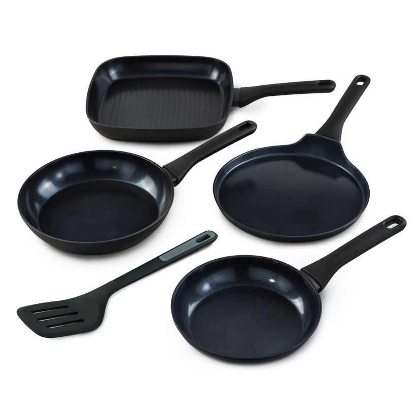 BergHOFF Helix 5Pc Nonstick Ceramic Specialty Cookware Set with Slotted Turner, Recycled Aluminum, Black