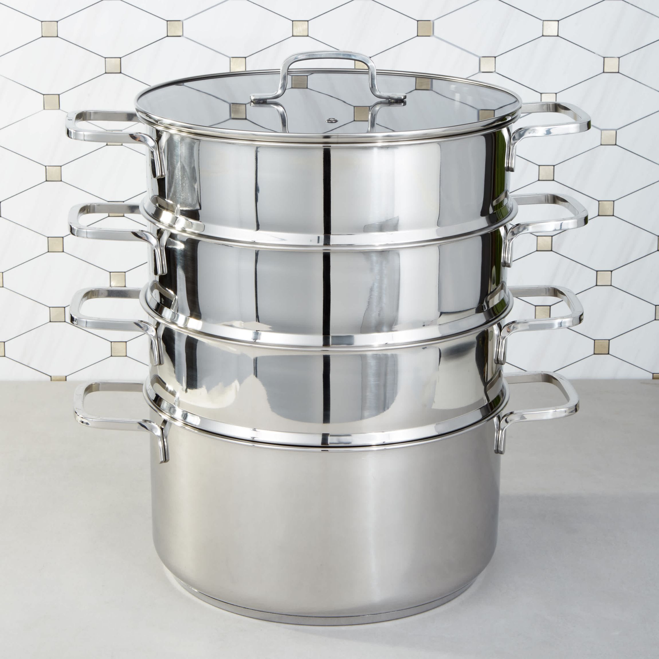 BergHOFF Helix 5Pc Recycled 18/10 Stainless Steel Steamer Set with Glass Lids