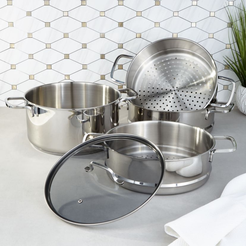 BergHOFF Helix 5Pc Recycled 18/10 Stainless Steel Steamer Set with Glass Lids