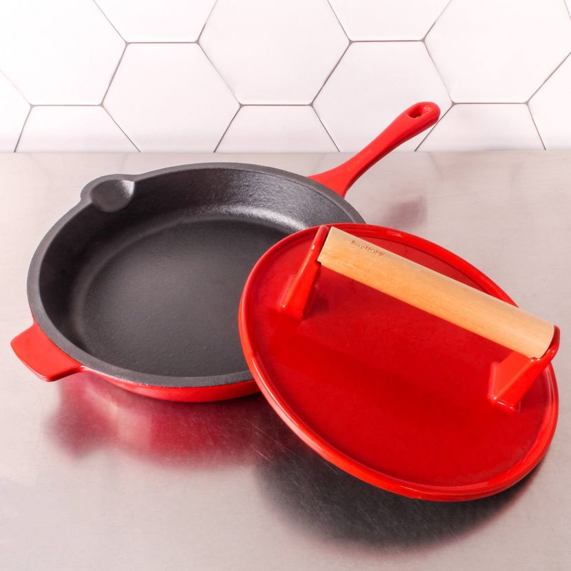 BergHOFF Cast Iron Slotted Steak Press 9", Wood Handle, Red
