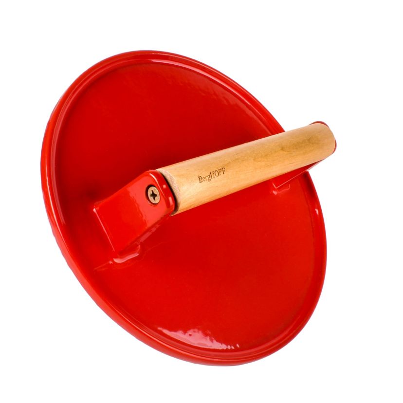 BergHOFF Cast Iron Slotted Steak Press 9", Wood Handle, Red