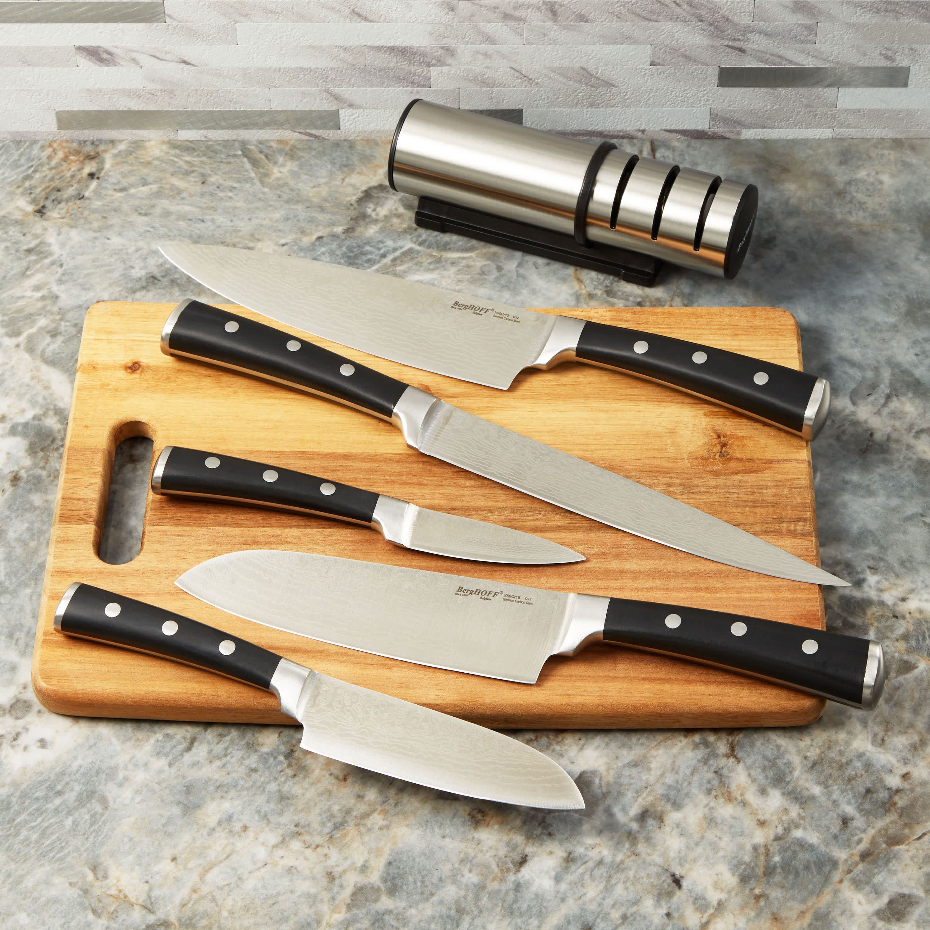 BergHOFF Antigua Stainless Steel Blade 5Pc Knives With Case, Black & Silver