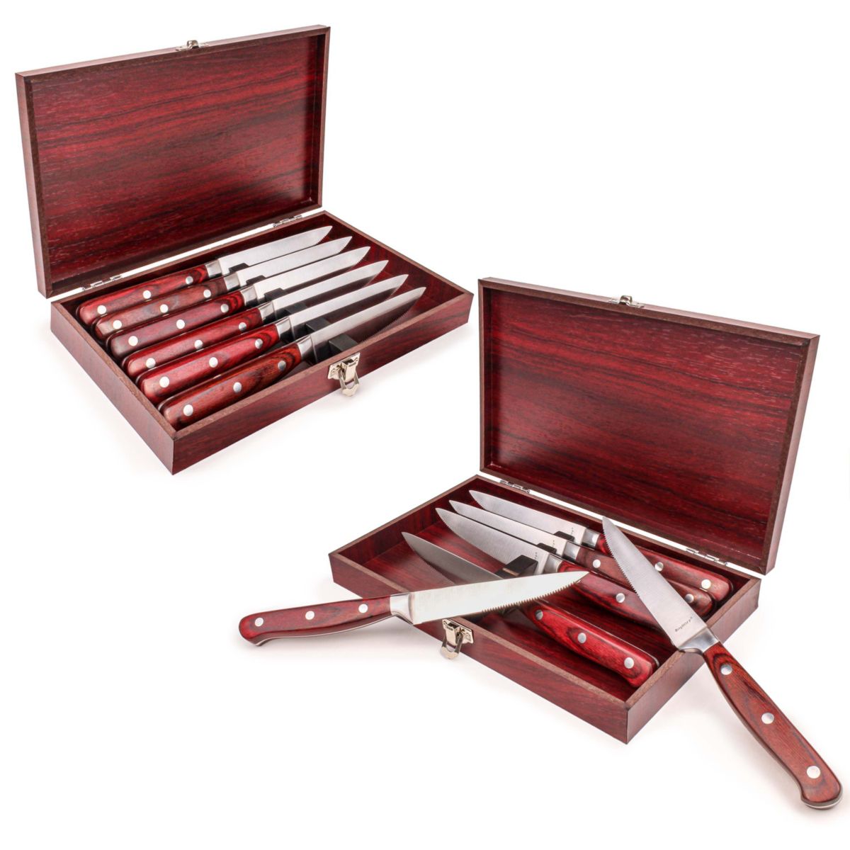 BergHOFF Pakka Stainless Steel 14Pc Steak Knife Set With 2 Wood Case 4.75", Pakka Wood
