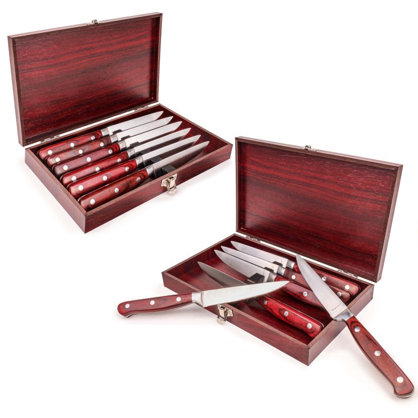 BergHOFF Pakka Stainless Steel 14Pc Steak Knife Set With 2 Wood Case 4.75", Pakka Wood