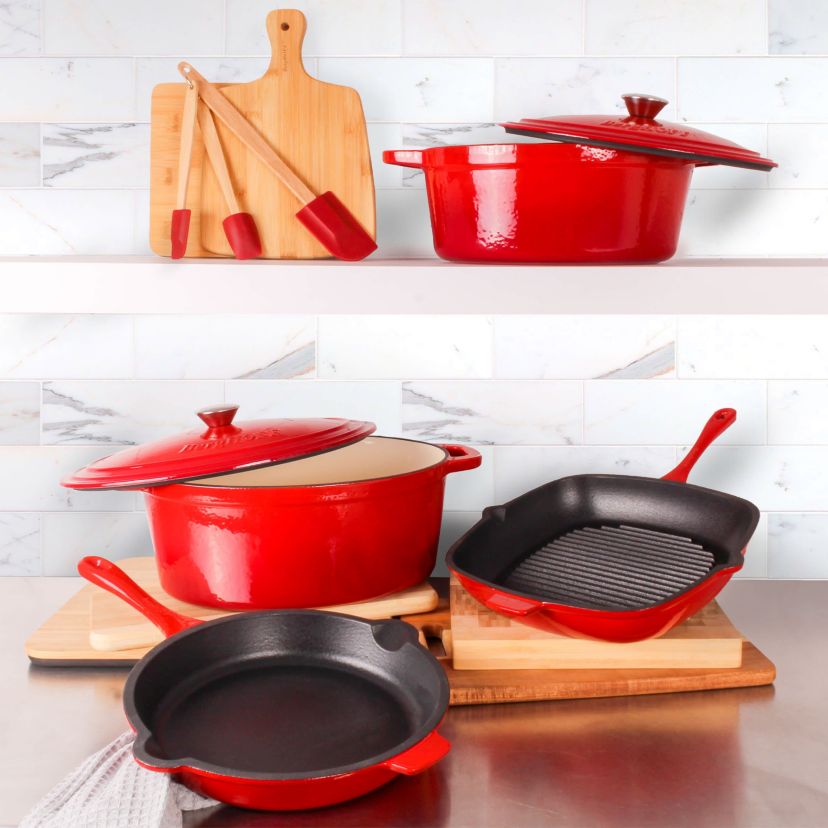 BergHOFF Neo Enamel Cast Iron 9Pc Cookware Set, Red