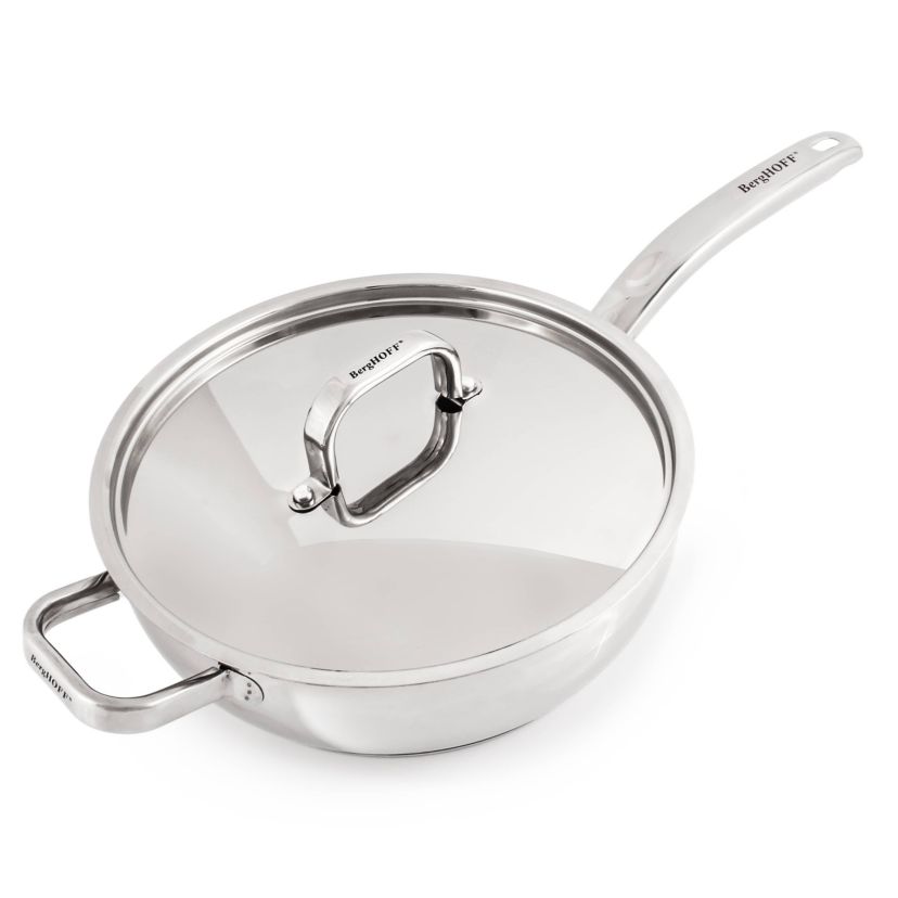 BergHOFF Belly Shape 18/10 Stainless Steel Deep Skillet 9.5" With Stainless Steel Lid, Silver