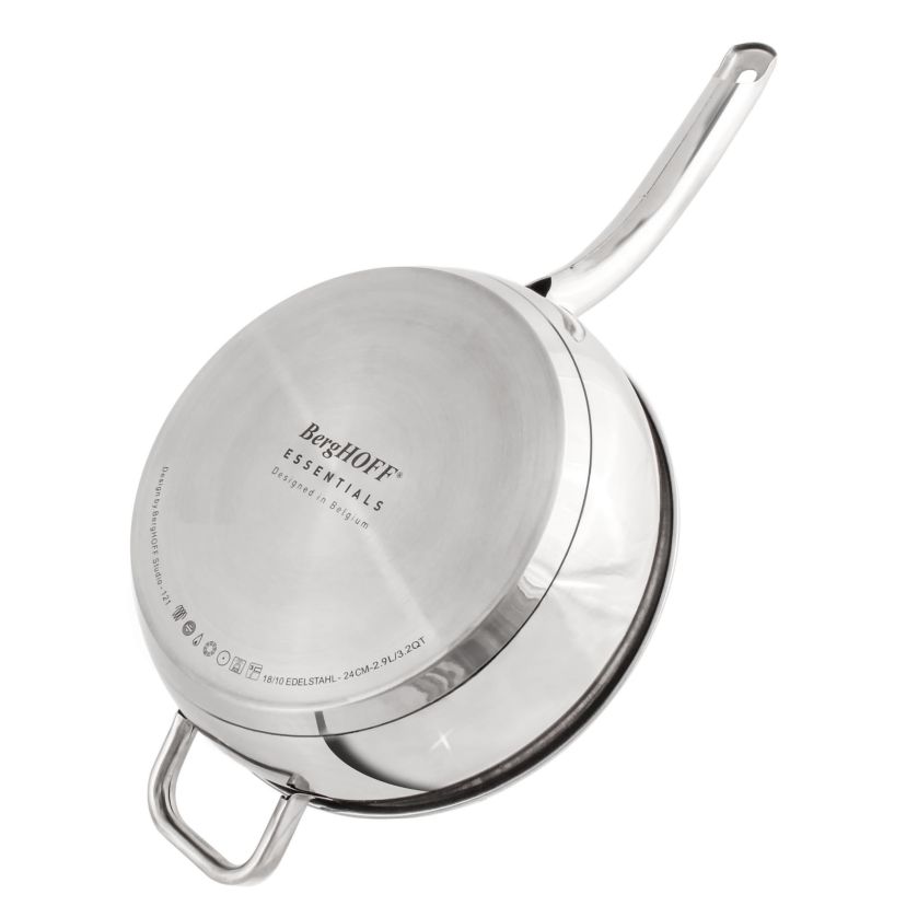BergHOFF Belly Shape 18/10 Stainless Steel Deep Skillet 9.5" With Stainless Steel Lid, Silver