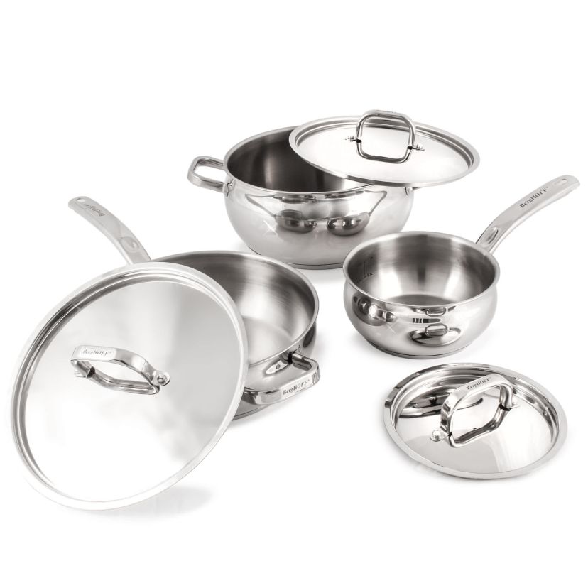 BergHOFF Belly Shape 18/10 Stainless Steel Deep Skillet 9.5" With Stainless Steel Lid, Silver