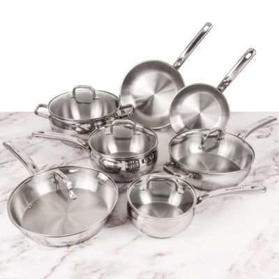 BergHOFF Belly Shape 18/10 Stainless Steel 12Pc Cookware Set with Glass Lid, Silver