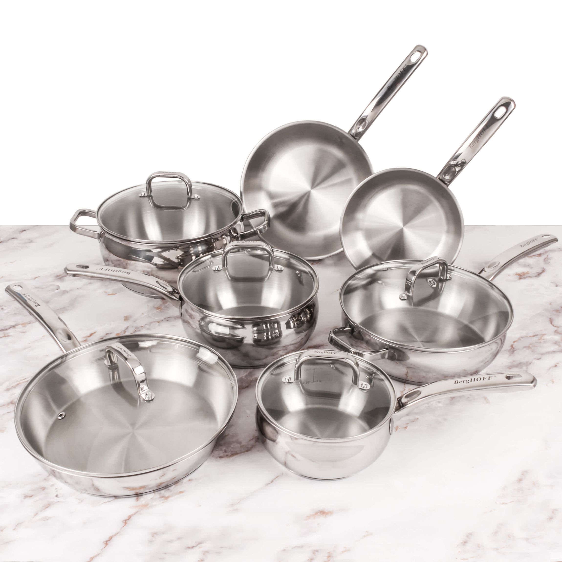 BergHOFF Belly Shape 18/10 Stainless Steel 12Pc Cookware Set with Glass Lid