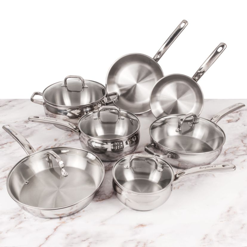 BergHOFF Belly Shape 18/10 Stainless Steel 12Pc Cookware Set with Glass Lid