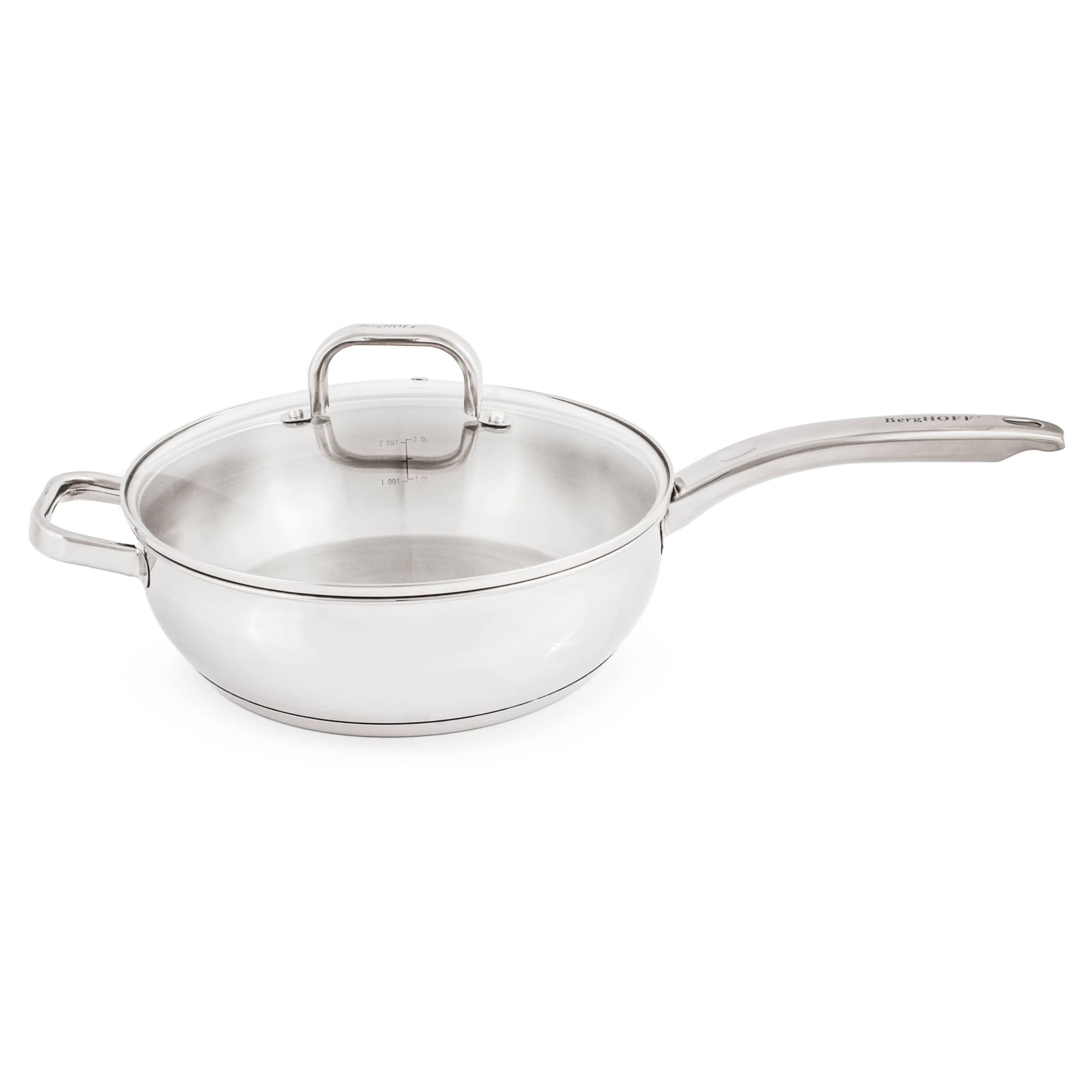 BergHOFF Belly Shape 18/10 Stainless Steel Deep Skillet 9.5" With Glass Lid, Silver
