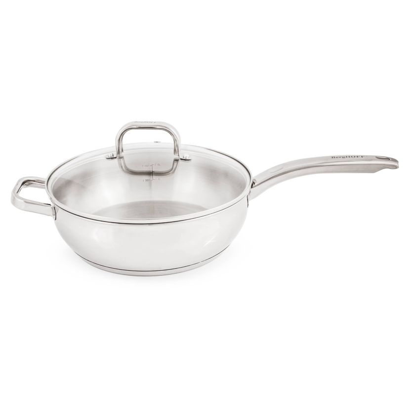 BergHOFF Belly Shape 18/10 Stainless Steel Deep Skillet 9.5" With Glass Lid, Silver