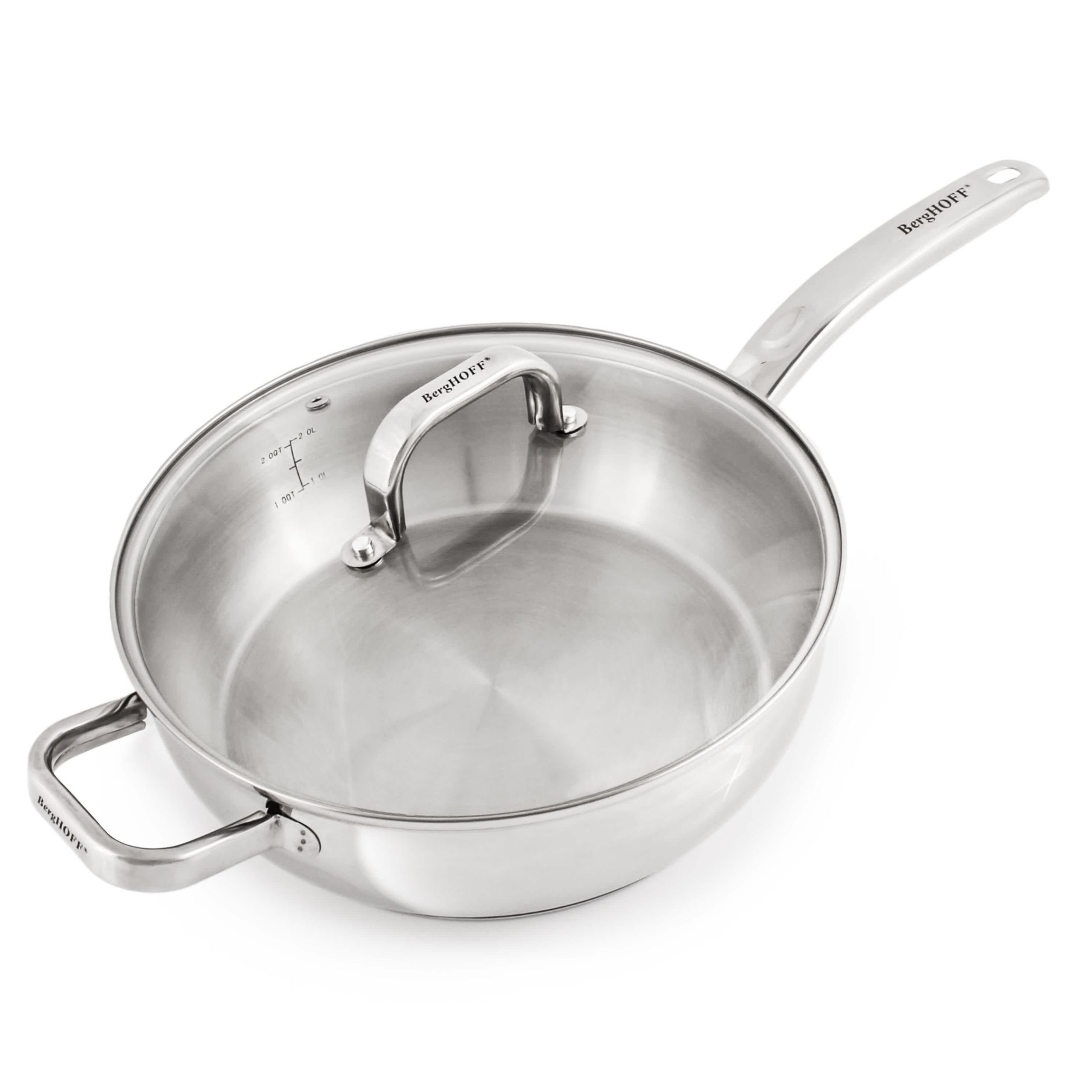 BergHOFF Belly Shape 18/10 Stainless Steel Deep Skillet 9.5" With Glass Lid, Silver