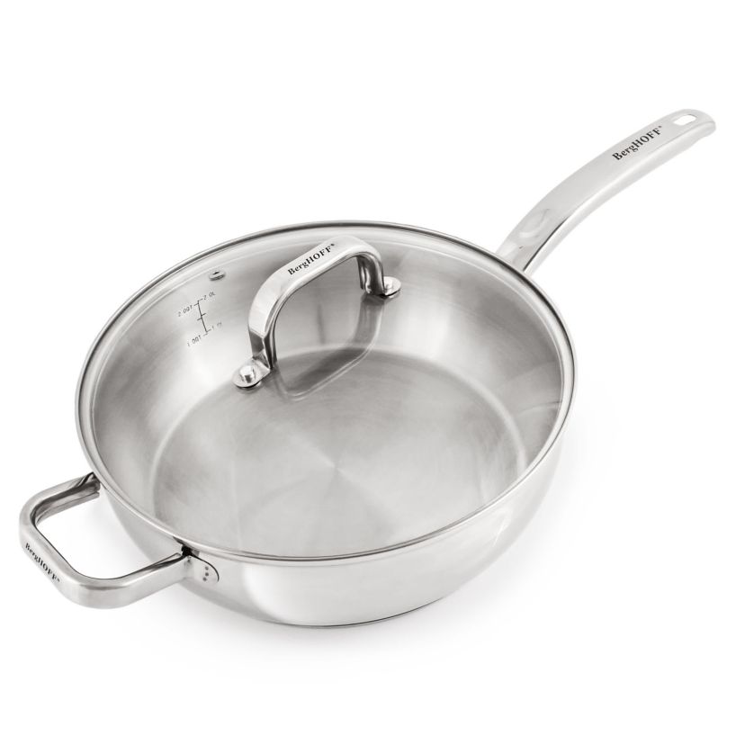 BergHOFF Belly Shape 18/10 Stainless Steel Deep Skillet 9.5" With Glass Lid, Silver