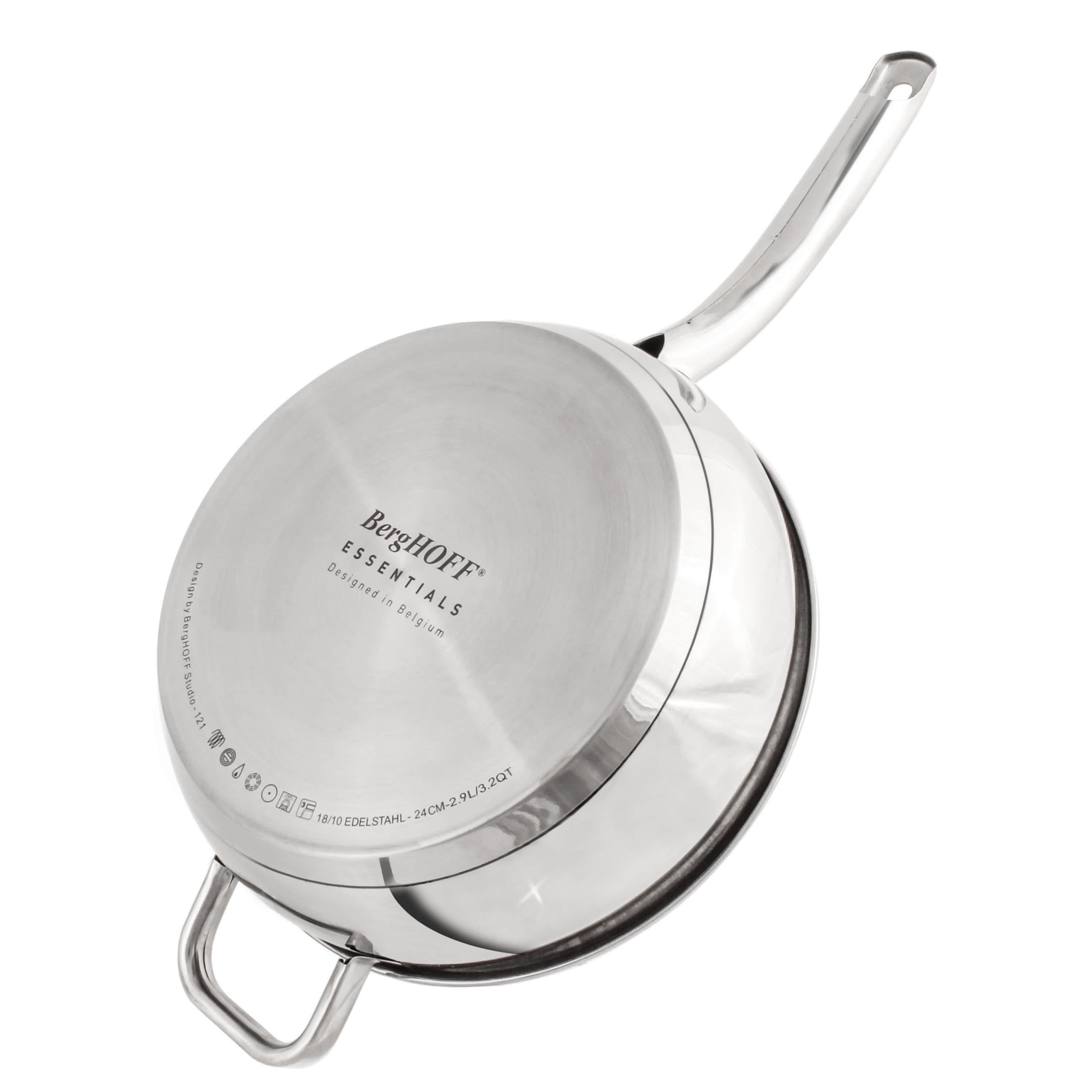 BergHOFF Belly Shape 18/10 Stainless Steel Deep Skillet 9.5" With Glass Lid, Silver