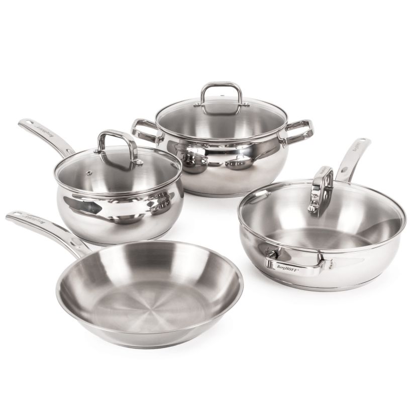 BergHOFF Belly Shape 18/10 Stainless Steel Deep Skillet 9.5" With Glass Lid, Silver