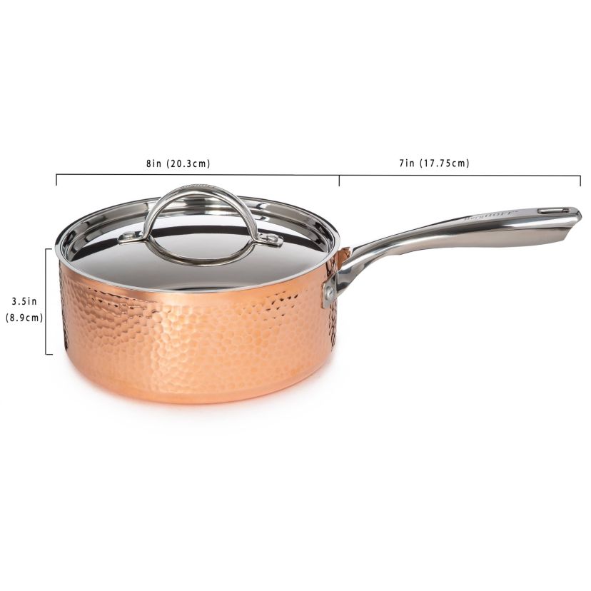 BergHOFF Vintage Tri-Ply Copper 8 Inches Saucepan 3qt. With Stainless Steel Lid, Hammered, Gold