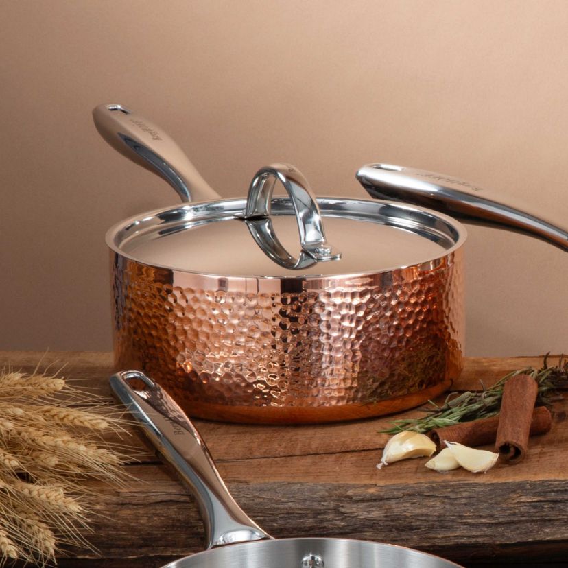 BergHOFF Vintage Tri-Ply Copper 8 Inches Saucepan 3qt. With Stainless Steel Lid, Hammered, Gold