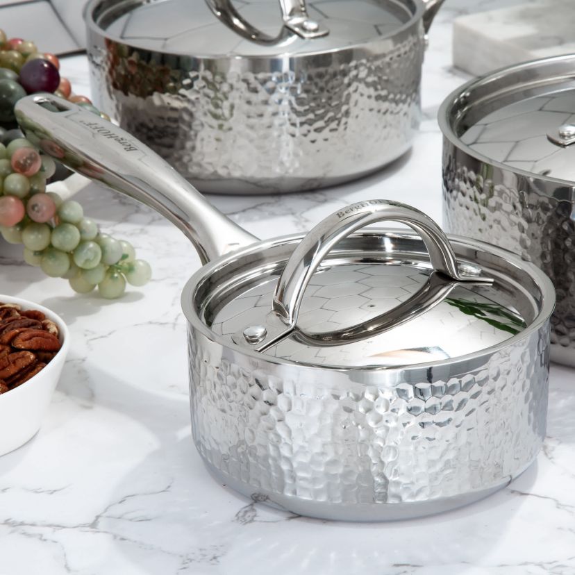 BergHOFF Vintage Tri-Ply 18/10 Stainless Steel Saucepan 5.5 Inches 1qt. With Stainless Steel Lid, Hammered, Silver