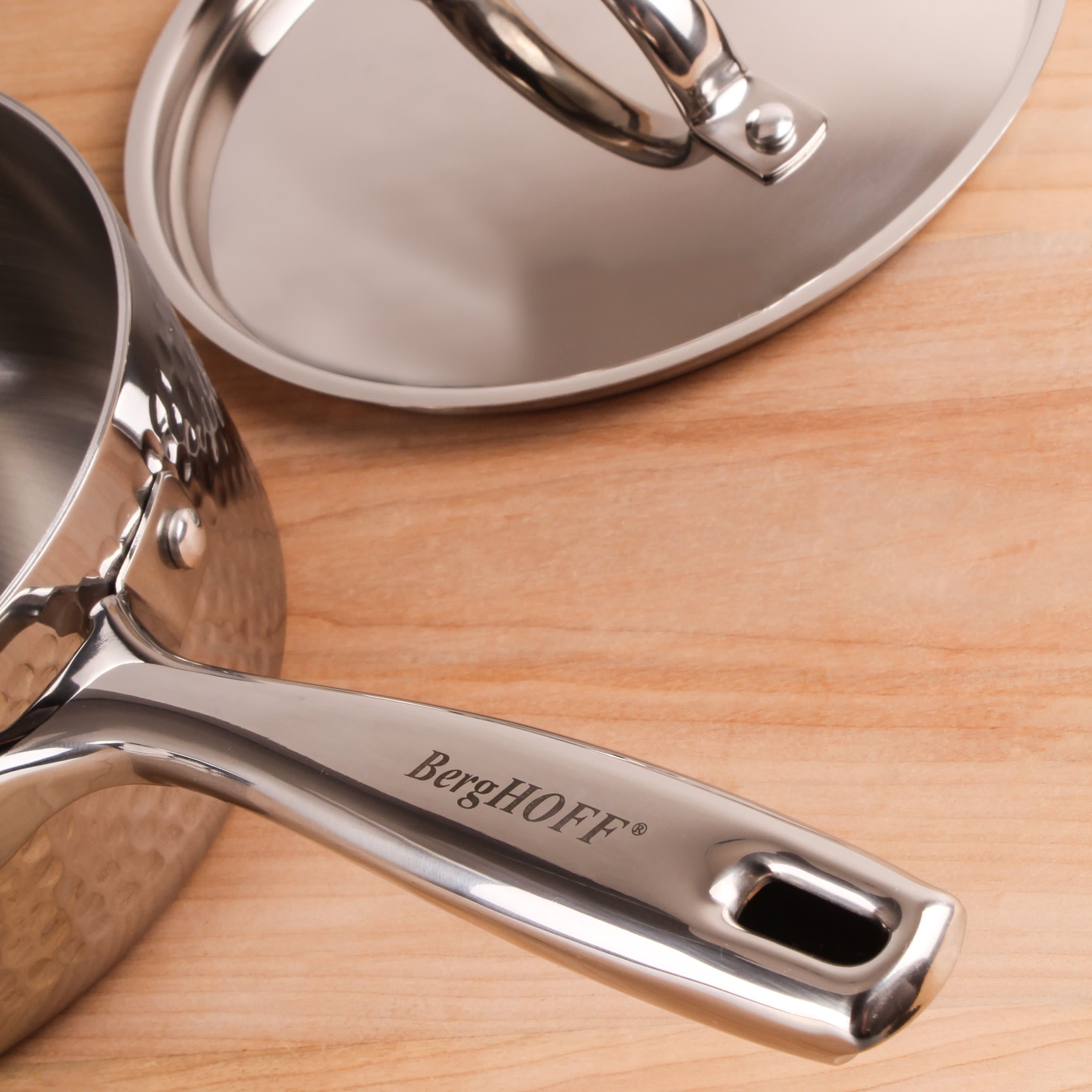 BergHOFF Vintage Tri-Ply 18/10 Stainless Steel Saucepan 5.5 Inches 1qt. With Stainless Steel Lid, Hammered, Silver