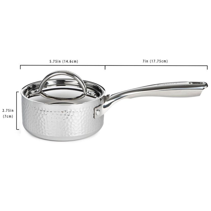 BergHOFF Vintage Tri-Ply 18/10 Stainless Steel Saucepan 5.5 Inches 1qt. With Stainless Steel Lid, Hammered, Silver