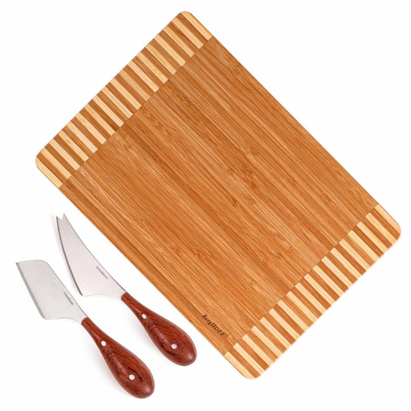 BergHOFF Aaron Probyn Stainless Steel 3Pc Cheese Knives, Wood Cutting Board 8.25", 9", & 13", Silver & Natural
