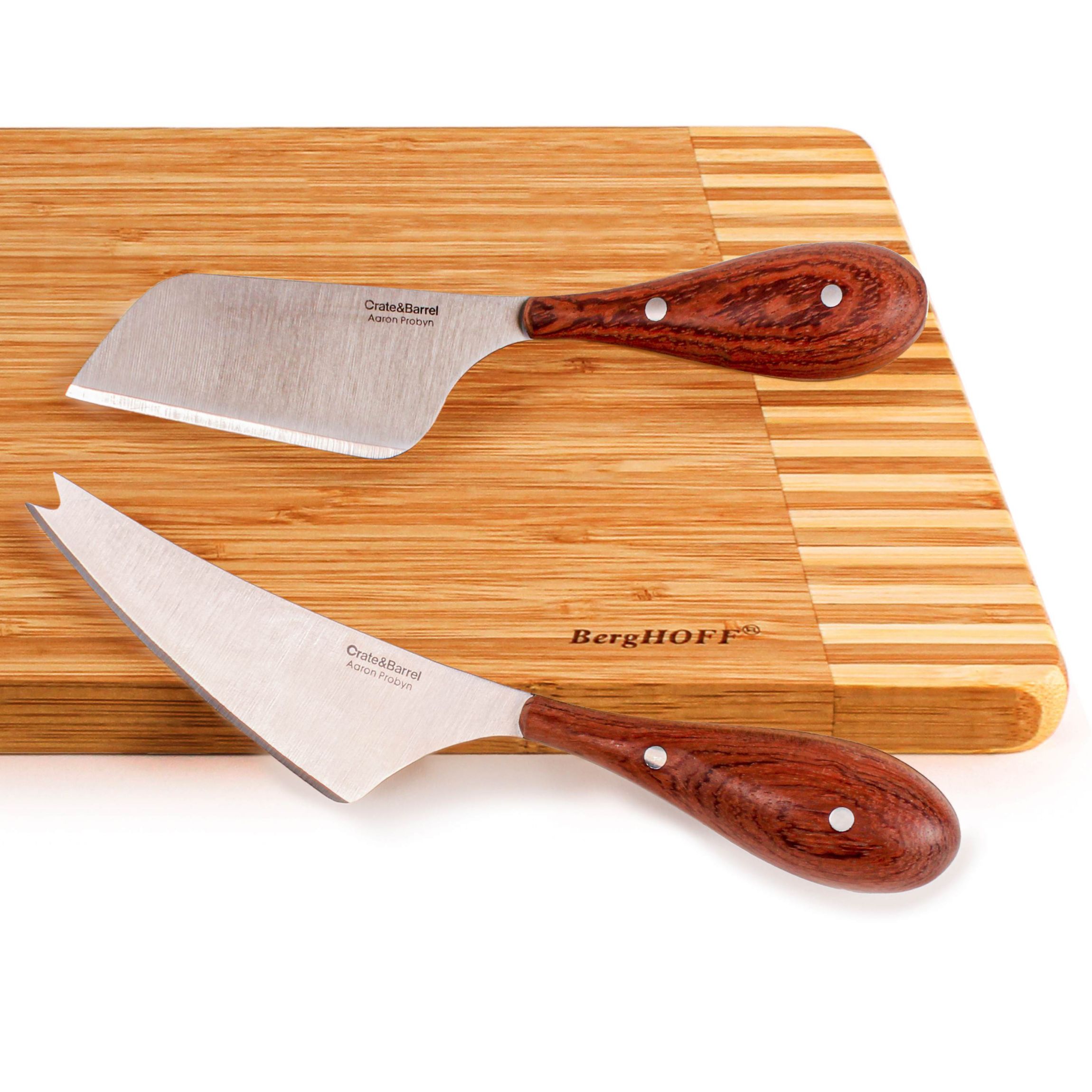 BergHOFF Aaron Probyn Stainless Steel 3Pc Cheese Knives, Wood Cutting Board 8.25", 9", & 13", Silver & Natural