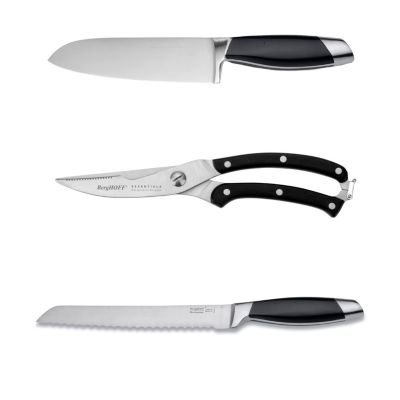 Berghoff Moon 3-Pc Stainless Steel Cutlery Set Chef's Knife Serrated Bread Knife Poultry Shear PP Handle, Silver