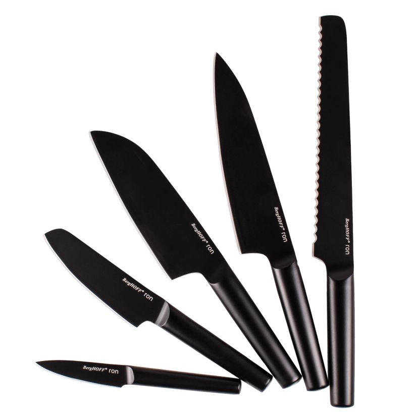 BergHOFF RON Stainless Steel 6Pc Double-coated Knife Block Set, Black