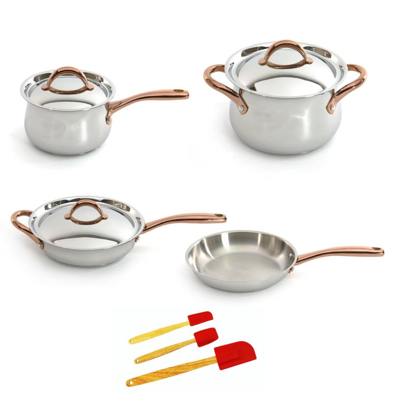 BergHOFF Ouro Gold 18/10 Stainless Steel 10Pc Cookware Set With Lids, Silicone Spatulas, Rose Gold Handles