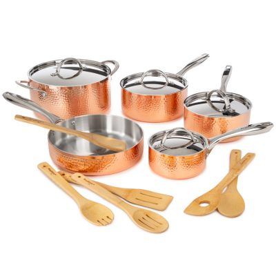 BergHOFF Vintage 15Pc Tri-Ply Copper 18/10 Stainless Steel Cookware Set With Stainless Steel Lids, Bamboo Utensil Set, Hammered, Gold
