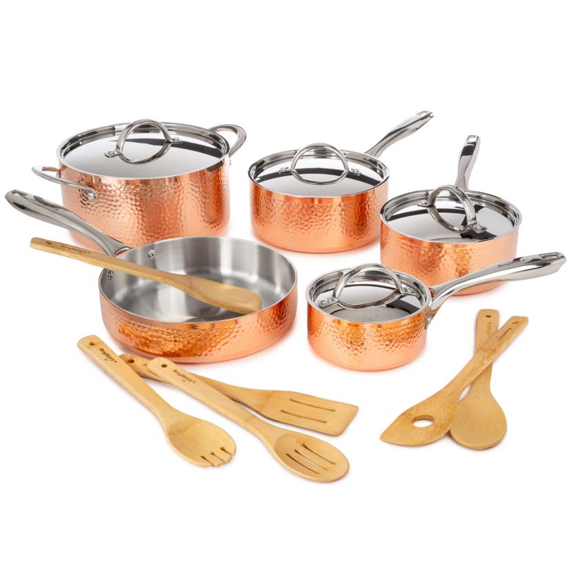 BergHOFF Vintage 15Pc Tri-Ply Copper 18/10 Stainless Steel Cookware Set With Stainless Steel Lids, Bamboo Utensil Set, Hammered, Gold