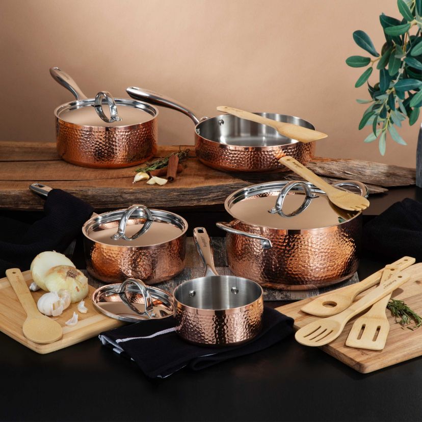 BergHOFF Vintage 15Pc Tri-Ply Copper 18/10 Stainless Steel Cookware Set With Stainless Steel Lids, Bamboo Utensil Set, Hammered, Gold