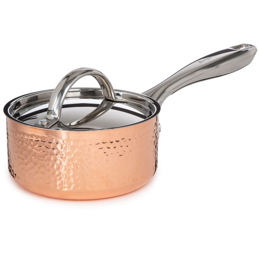 BergHOFF Vintage 15Pc Tri-Ply Copper 18/10 Stainless Steel Cookware Set With Stainless Steel Lids, Bamboo Utensil Set, Hammered, Gold