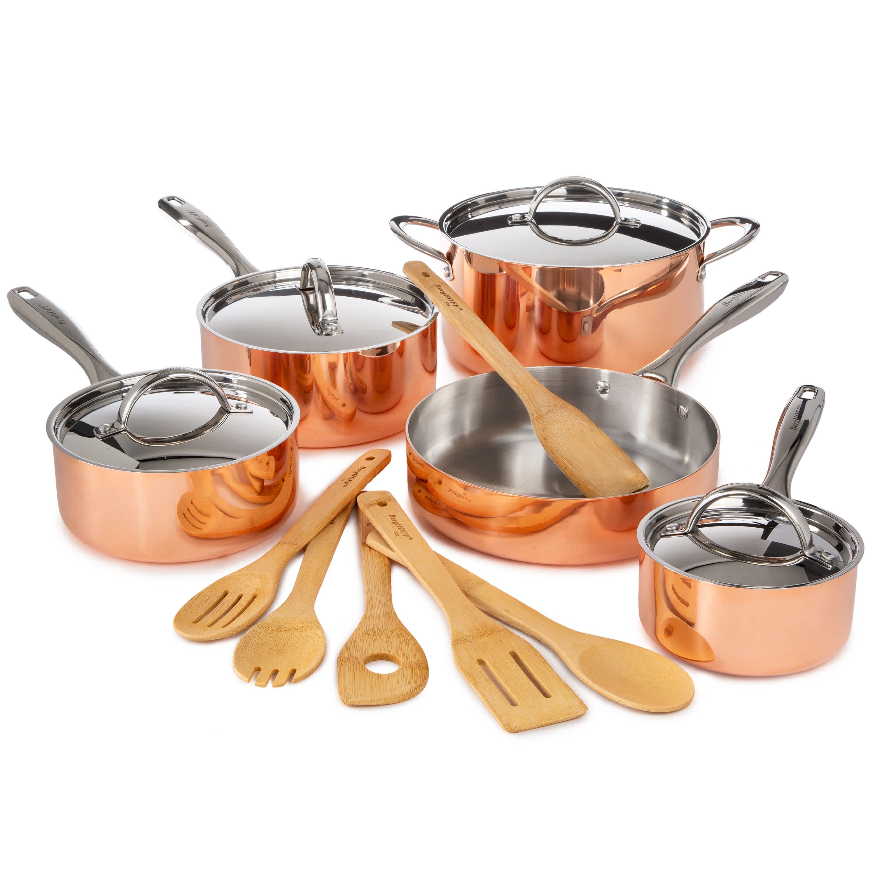 BergHOFF Vintage 15Pc Tri-Ply Copper 18/10 Stainless Steel Cookware Set With Stainless Steel Lids and Bamboo Utensil Set, Polished
