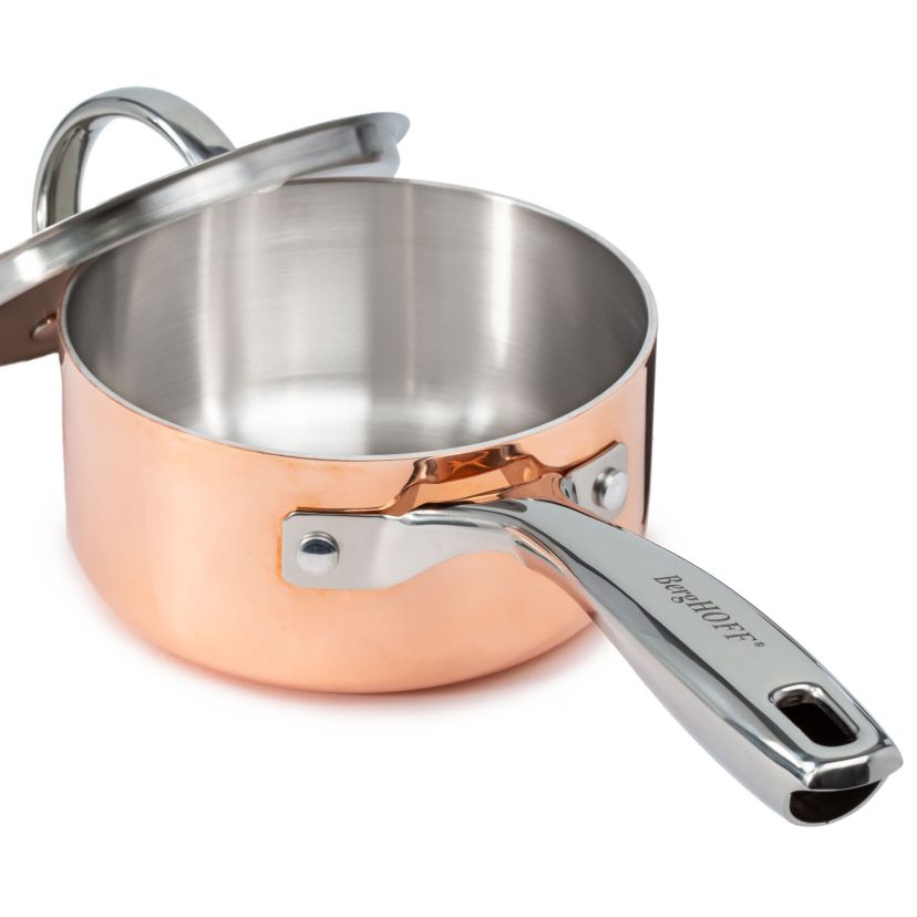 BergHOFF Vintage 15Pc Tri-Ply Copper 18/10 Stainless Steel Cookware Set With Stainless Steel Lids and Bamboo Utensil Set, Polished