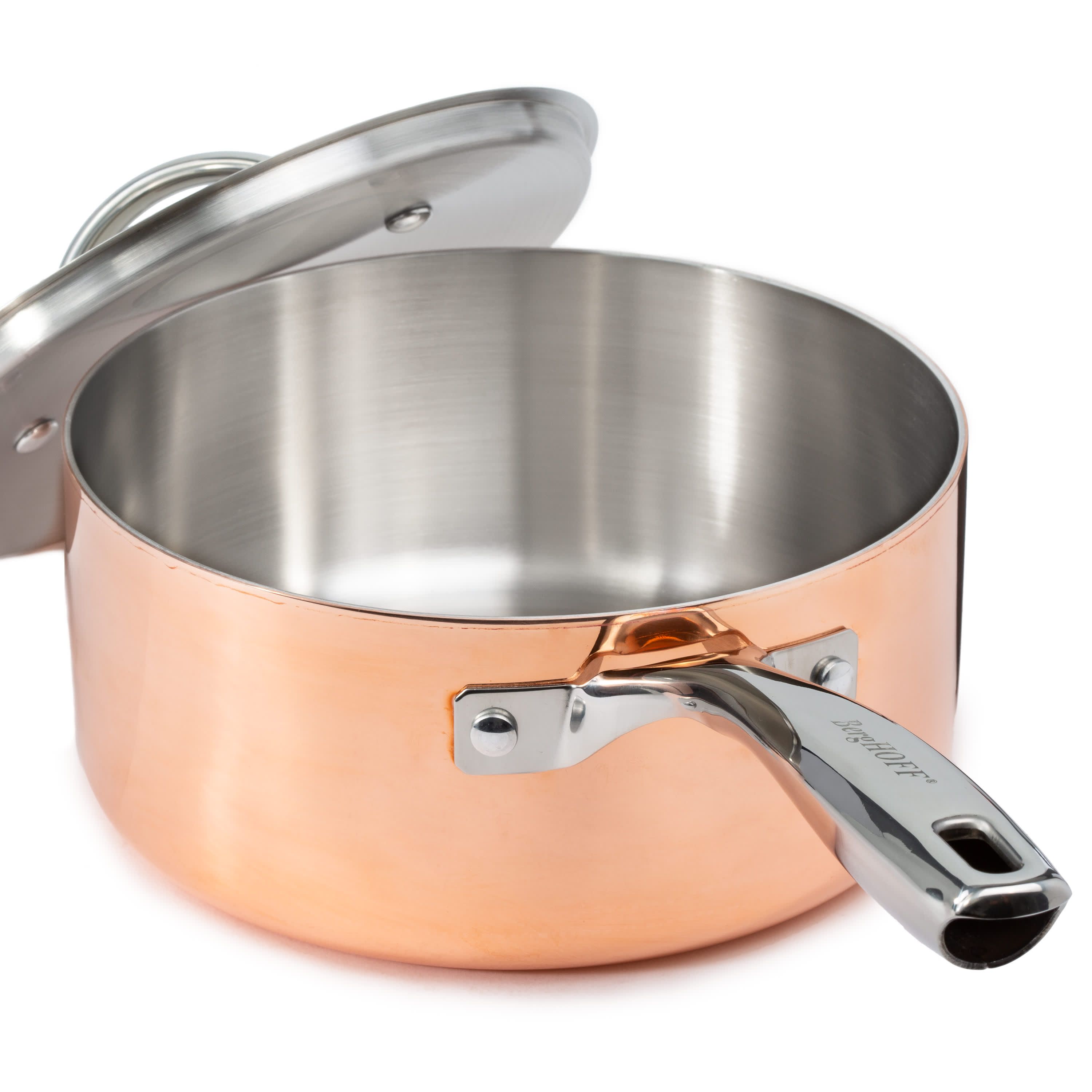 BergHOFF Vintage 15Pc Tri-Ply Copper 18/10 Stainless Steel Cookware Set With Stainless Steel Lids and Bamboo Utensil Set, Polished