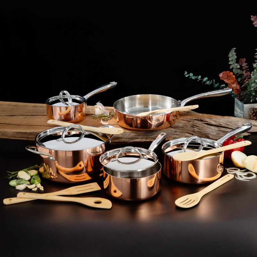 BergHOFF Vintage 15Pc Tri-Ply Copper 18/10 Stainless Steel Cookware Set With Stainless Steel Lids and Bamboo Utensil Set, Polished
