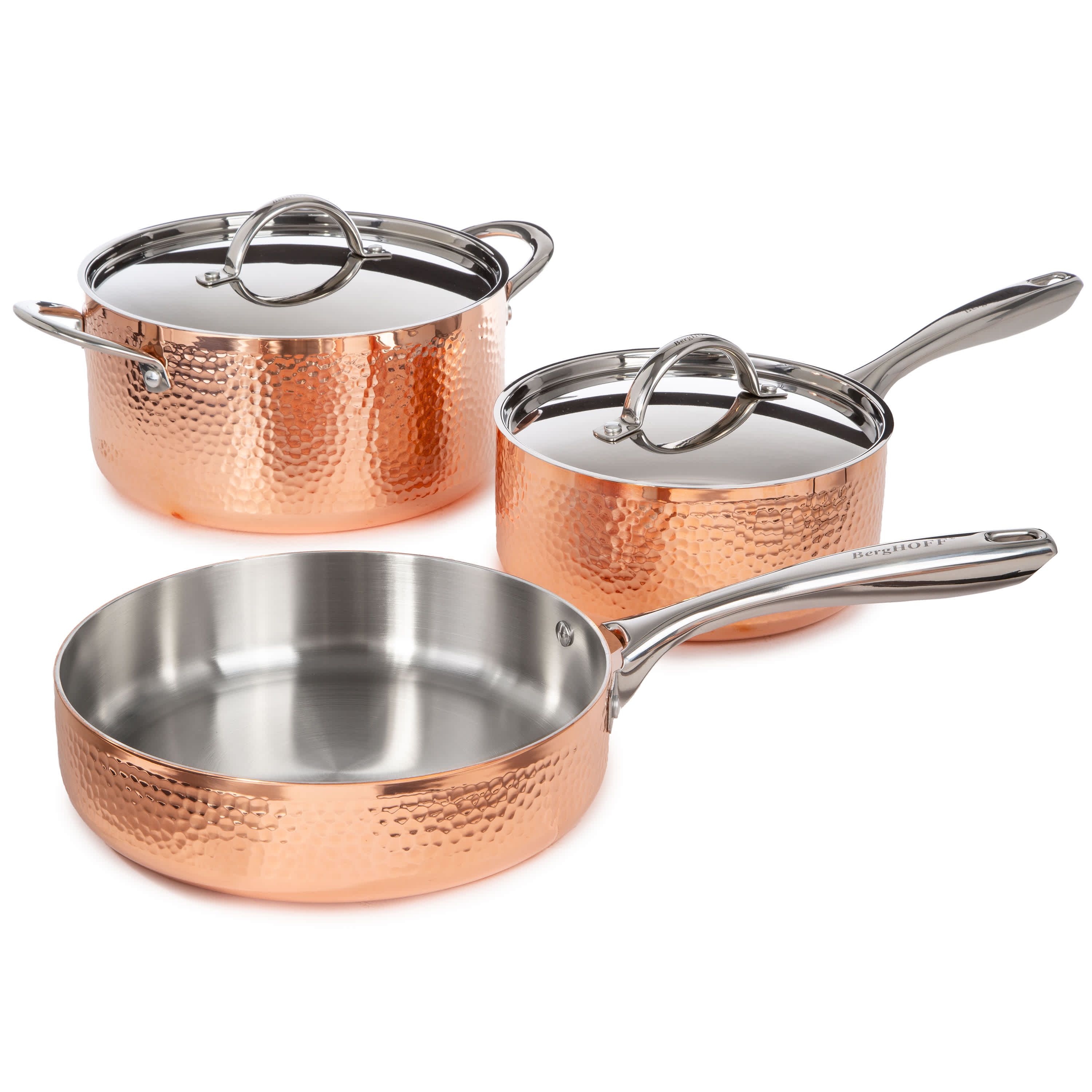 BergHOFF Vintage 5Pc Tri-Ply Copper 18/10 Stainless Steel Cookware Set With Stainless Steel Lids, Hammered, Gold