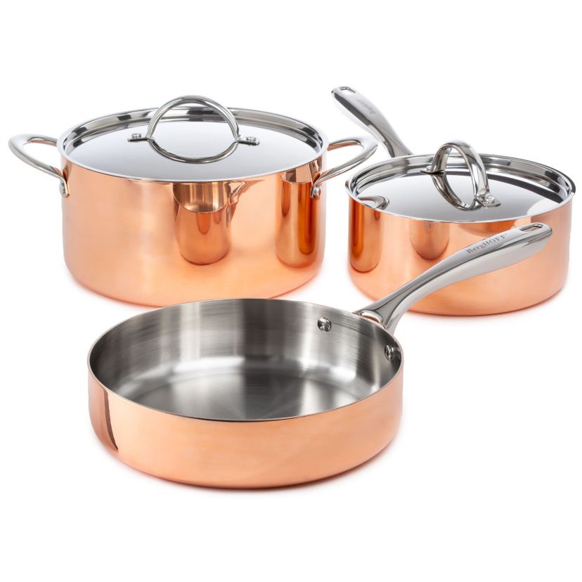 BergHOFF Vintage 5Pc Tri-Ply Copper 18/10 Stainless Steel Cookware Large Sized Set With Stainless Steel Lids, Polished, Gold