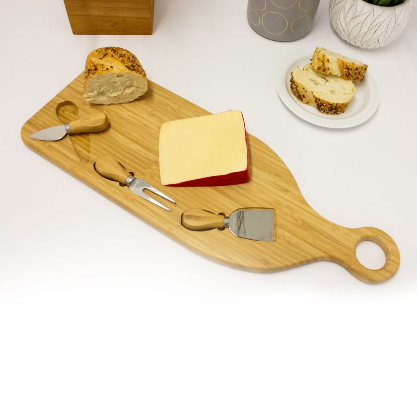 BergHOFF 4Pc Essentials Bamboo Paddle Cheese Board and Stainless Steel Cheese Tools