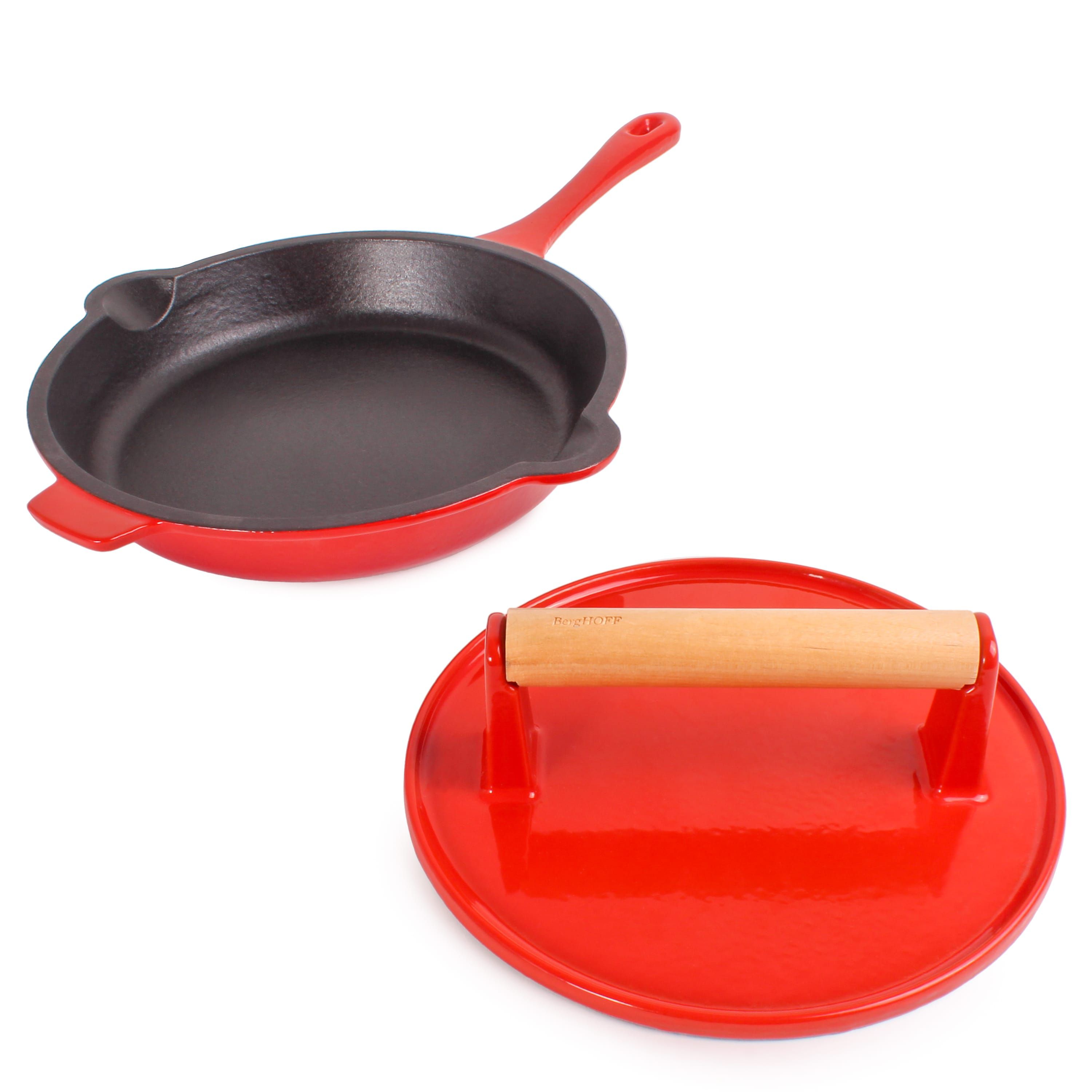 BergHOFF Neo Cast Iron 2pc Fry Pan, Steak Press, Red